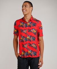 Camisa-Masculina-Tradicional-Estampada-de-Folhagens-com-Passaro-Manga-Curta-Vermelho-9729727-Vermelho_1