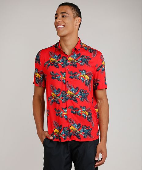 Camisa-Masculina-Tradicional-Estampada-de-Folhagens-com-Passaro-Manga-Curta-Vermelho-9729727-Vermelho_1