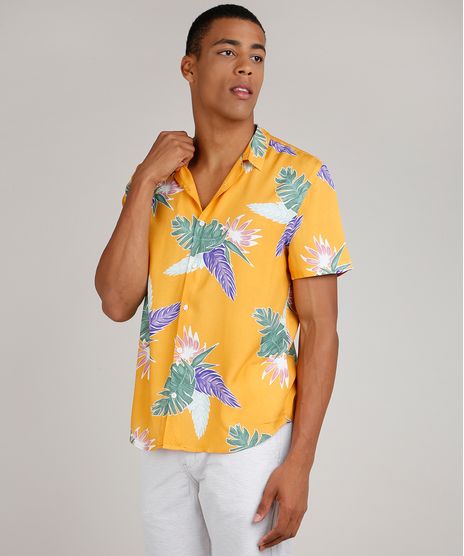 Camisa-Masculina-Tradicional-Estampada-de-Folhagens-Manga-Curta-Mostarda-9729641-Mostarda_1