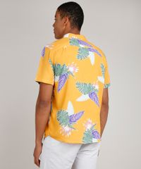 Camisa-Masculina-Tradicional-Estampada-de-Folhagens-Manga-Curta-Mostarda-9729641-Mostarda_2
