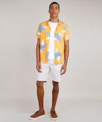 Camisa-Masculina-Tradicional-Estampada-de-Folhagens-Manga-Curta-Mostarda-9729641-Mostarda_3