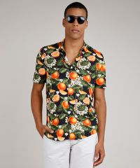 Camisa-Masculina-Tradicional-Estampada-de-Laranja-Manga-Curta-Preta-9729730-Preto_1