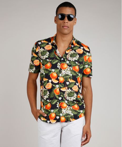 Camisa-Masculina-Tradicional-Estampada-de-Laranja-Manga-Curta-Preta-9729730-Preto_1
