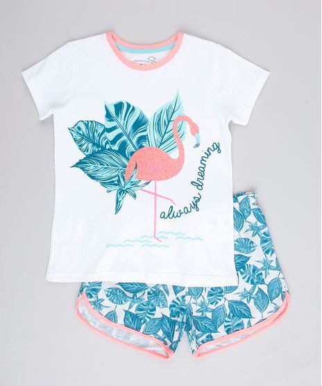 Pijama-Infantil-Flamingo-com-Glitter-Manga-Curta-Branco-9762479-Branco_1