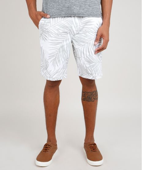 Bermuda-de-Sarja-Masculina-Relaxed-Estampada-de-Folhagens-com-Bolso-e-Cordao-Branco-9768032-Branco_1