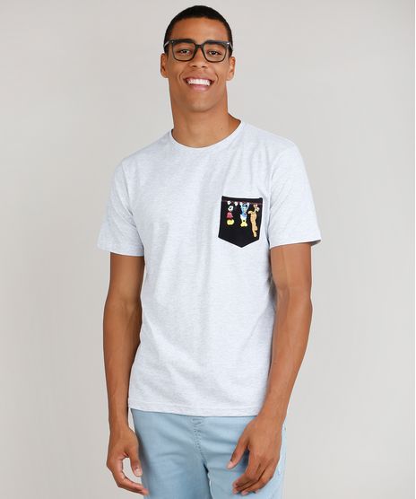 Camiseta-Masculina-Turma-do-Mickey-com-Bolso-Manga-Curta-Gola-Careca-Cinza-Mescla-Claro-9754411-Cinza_Mescla_Claro_1