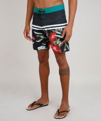 Bermuda-Surf-Masculina-Estampada-de-Folhagens-com-Listras-Preto-9743859-Preto_1