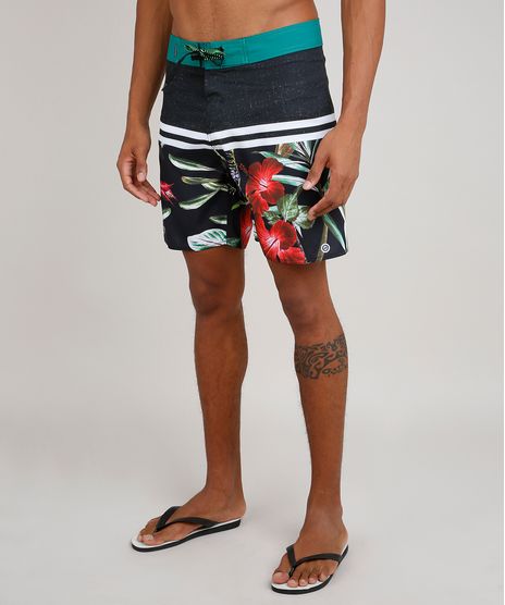 Bermuda-Surf-Masculina-Estampada-de-Folhagens-com-Listras-Preto-9743859-Preto_1