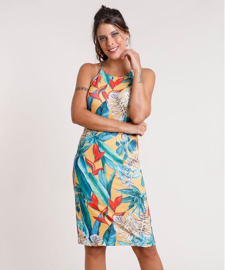 Vestido-Feminino-Curto-Halter-Neck-Canelado-Estampado-de-Folhagem-Alca-Fina-Mostarda-9786192-Mostarda_1