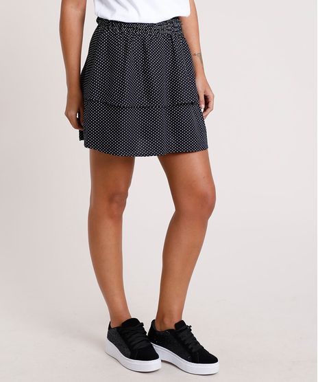 Saia-Feminina-Curta-Estampada-de-Poa-com-Babado-Preta-9848081-Preto_1