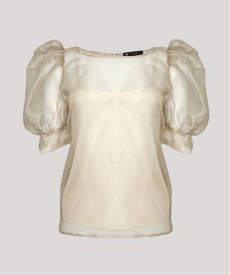 Blusa Feminina Mindset Em Organza Manga Bufante Decote Redondo