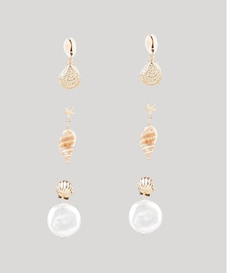 Kit-de-3-Brincos-Femininos-com-Conchas-e-Pingentes-Maritimos-Dourado-9761510-Dourado_1