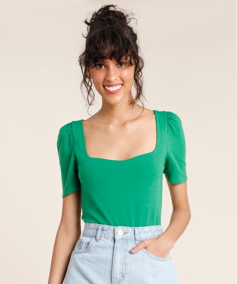 Body Feminino Mindset Manga Bufante Decote Princesa Verde Cea