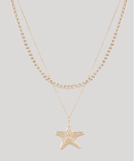 Colar-Feminino-Duplo-com-Pingente-de-Estrela-do-Mar-Dourado-9761531-Dourado_1