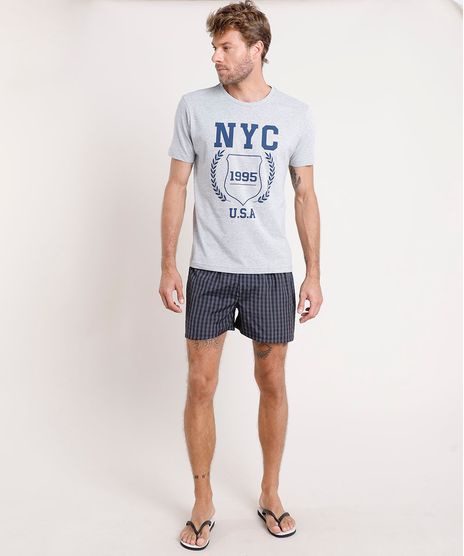 Pijama-Masculino--NYC--com-Camiseta-Manga-Curta---Samba-Cancao-Listrado-Cinza-Mescla-Claro-9644487-Cinza_Mescla_Claro_1
