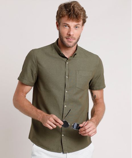 Camisa-Masculina-Tradicional-com-Bolso-Manga-Curta-Verde-Militar-9729902-Verde_Militar_1