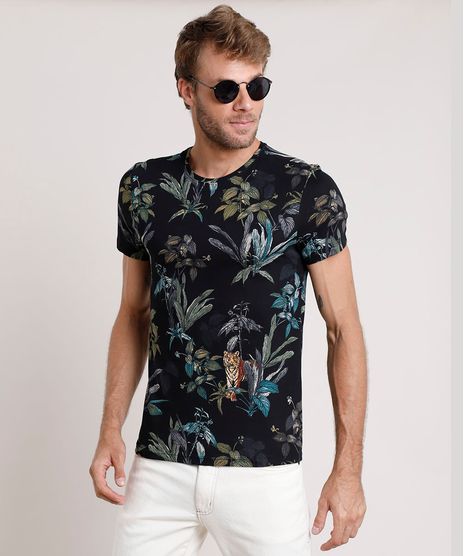 Camiseta-Masculina-Slim-Fit-Estampada-de-Tigre-com-Folhagem-Manga-Curta-Gola-Careca-Preta-9724023-Preto_1
