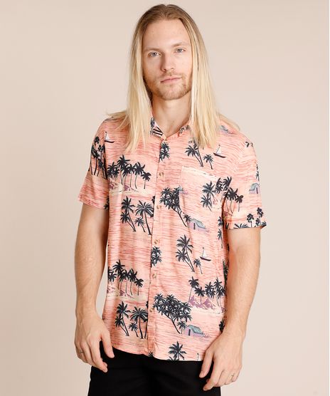 Camisa-Masculina-Tradicional-Estampada-Ilha-com-Bolso-Manga-Curta-Coral-9853220-Coral_1