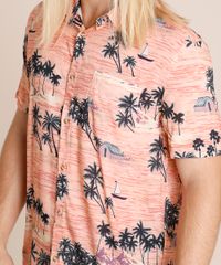 Camisa-Masculina-Tradicional-Estampada-Ilha-com-Bolso-Manga-Curta-Coral-9853220-Coral_4