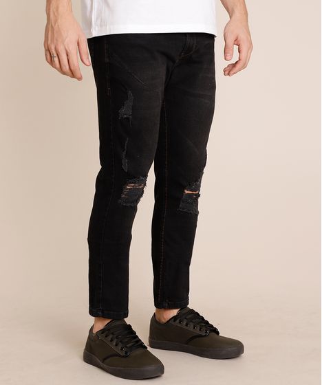 calça jeans preta destroyed masculina