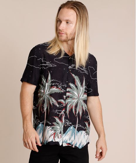 Camisa-Masculina-Tradicional-Estampada-Coqueiros-Noturnos-Manga-Curta-Preta-9851494-Preto_1