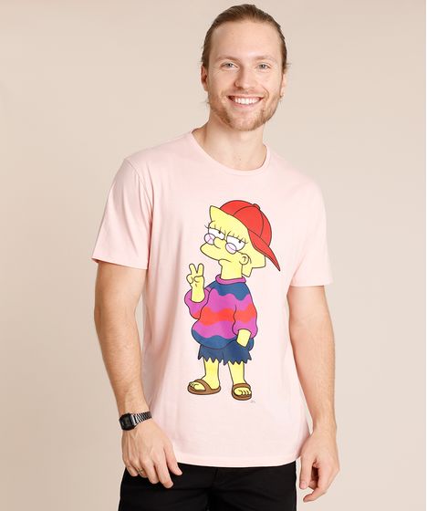 Camiseta Oxer Básica Mescla Raglan Masculina Camiseta Masculina Carnaval Lisa Simpson Manga Curta Gola Careca Rosa Claro Cea