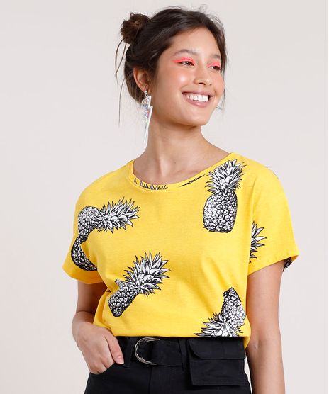 Blusa-Feminina-Carnaval-Estampada-de-Abacaxi-Manga-Curta-Decote-Redondo-Amarela-9704099-Amarelo_1