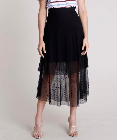 Saia-Feminina-Mindset-Midi-em-Tule-Estampado-de-Poa-com-Camadas-Preta-9901901-Preto_1