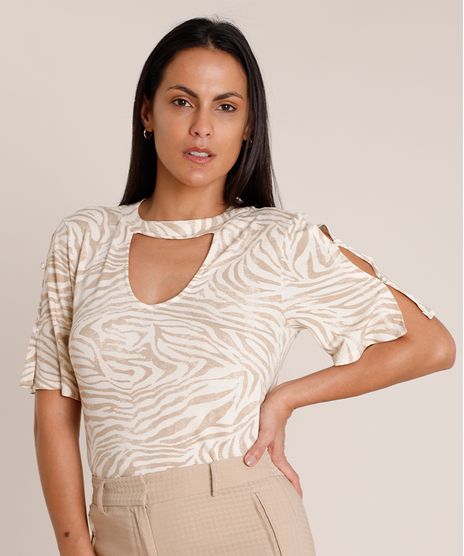 Blusa-Feminina-Choker-Estampada-Animal-Print-Zebra-com-Botoes-Manga-Curta-Decote-Redondo--Bege-Claro-9840752-Bege_Claro_1