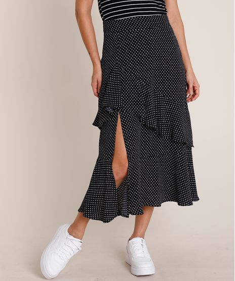 Saia-Feminina-Midi-Estampada-de-Poa-com-Babado-Preta-9904028-Preto_1