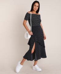 Saia-Feminina-Midi-Estampada-de-Poa-com-Babado-Preta-9904028-Preto_3