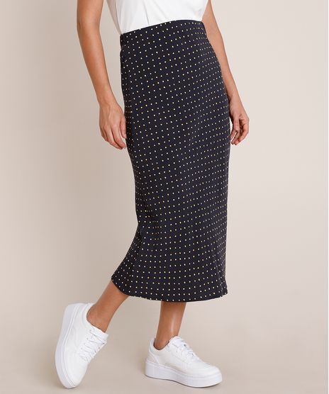 Saia-Feminina-Midi-Estampada-de-Poa-Preta-9692249-Preto_1