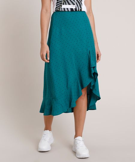 Saia-Feminina-Midi-Estampado-de-Poa-com-Babado-e-Fenda-Verde-9856872-Verde_1