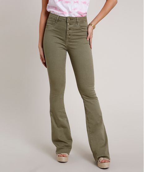 Calca-de-Sarja-Feminina-Sawary-Flare-Cintura-Super-Alta-com-Botoes--Verde-Militar-9807354-Verde_Militar_1