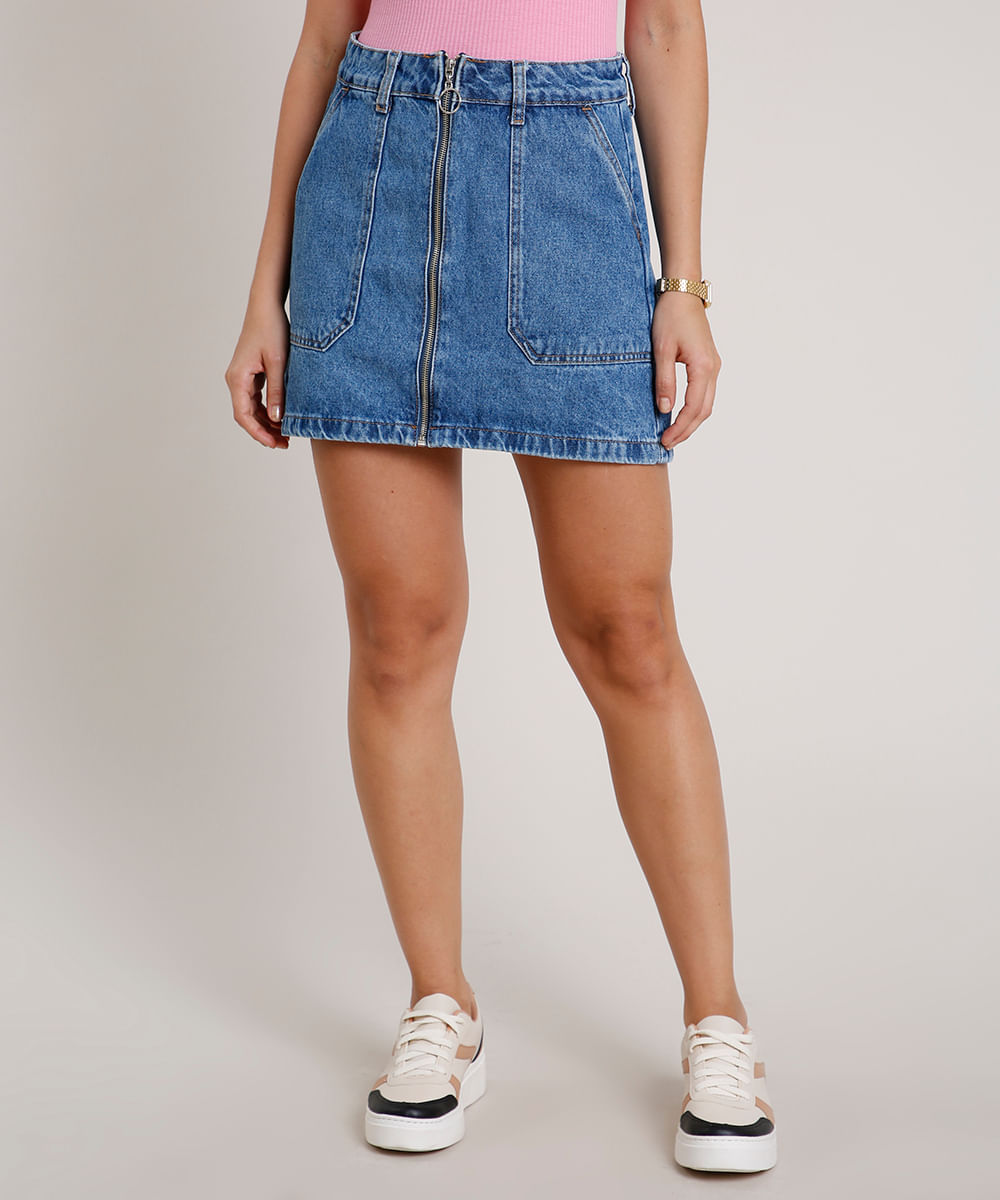 saia jeans curta com ziper