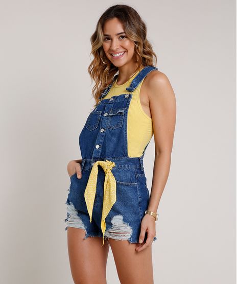 Jardineira-Jeans-Feminina-Destroyed-com-Barra-Desfiada-e-Faixa-Azul-Escuro-9834574-Azul_Escuro_1