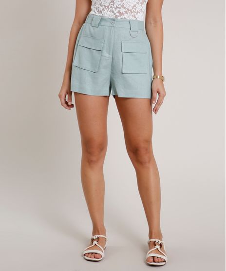 Short-Feminino-Reto-Cintura-Alta-com-Linho-e-Bolsos--Verde-Claro-9681412-Verde_Claro_1