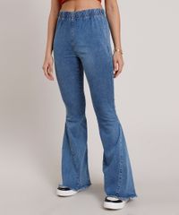 Calca-Jeans-Feminina-Flare-Cintura-Super-Alta-com-Barra-Desfiada--Azul-Medio-9833812-Azul_Medio_1