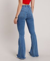 Calca-Jeans-Feminina-Flare-Cintura-Super-Alta-com-Barra-Desfiada--Azul-Medio-9833812-Azul_Medio_2