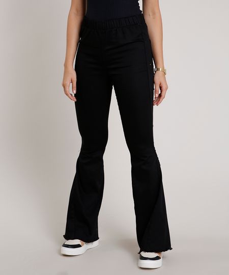 Calca-de-Sarja-Feminina-Flare-Cintura-Super-Alta-com-Barra-Desfiada--Preta-9833813-Preto_1