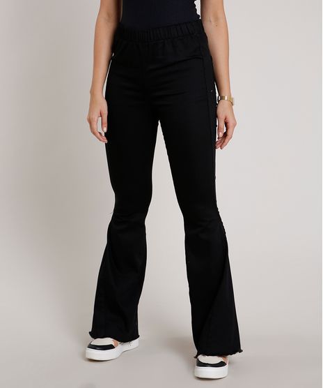 Calca-de-Sarja-Feminina-Flare-Cintura-Super-Alta-com-Barra-Desfiada--Preta-9833813-Preto_1