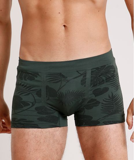 Cueca-Masculina-Boxer-Estampada-de-Folhagem-Sem-Costura-Verde-Militar-9881386-Verde_Militar_1