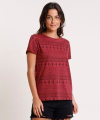Blusa-Feminina-Estampada-Etnica-com-Gatos-Manga-Curta-Decote-Redondo-Vinho-9730312-Vinho_1
