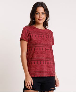 Blusa-Feminina-Estampada-Etnica-com-Gatos-Manga-Curta-Decote-Redondo-Vinho-9730312-Vinho_1