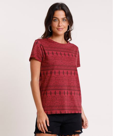 Blusa-Feminina-Estampada-Etnica-com-Gatos-Manga-Curta-Decote-Redondo-Vinho-9730312-Vinho_1