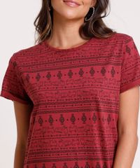 Blusa-Feminina-Estampada-Etnica-com-Gatos-Manga-Curta-Decote-Redondo-Vinho-9730312-Vinho_4
