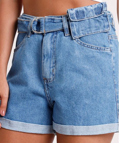 short jeans cintura alta com cinto jeans