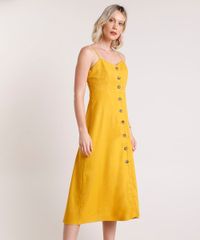 Vestido-Feminino-Midi-com-Linho-e-Botoes-Alca-Fina-Mostarda-9849965-Mostarda_1