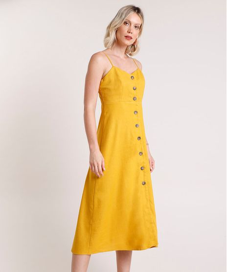 Vestido-Feminino-Midi-com-Linho-e-Botoes-Alca-Fina-Mostarda-9849965-Mostarda_1