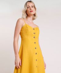 Vestido-Feminino-Midi-com-Linho-e-Botoes-Alca-Fina-Mostarda-9849965-Mostarda_4